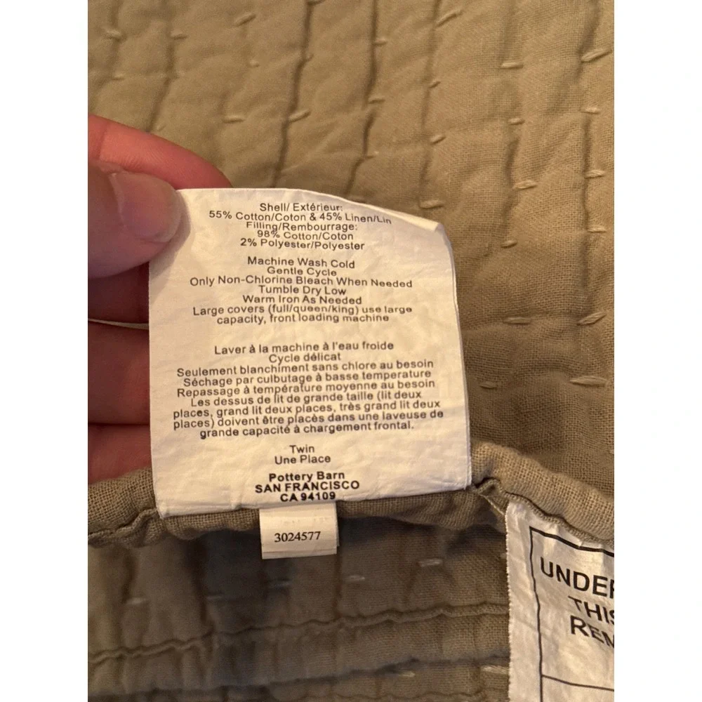 Pottery Barn Twin Pick Stitch Quilt Tan Khaki Cotton Linen Blend Bedding 3024577